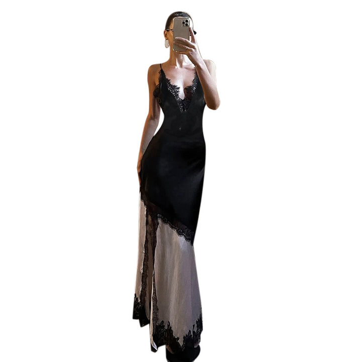 Damen elegantes Maxikleid mit Spitzenapplikationen und tiefem V-Ausschnitt Drune