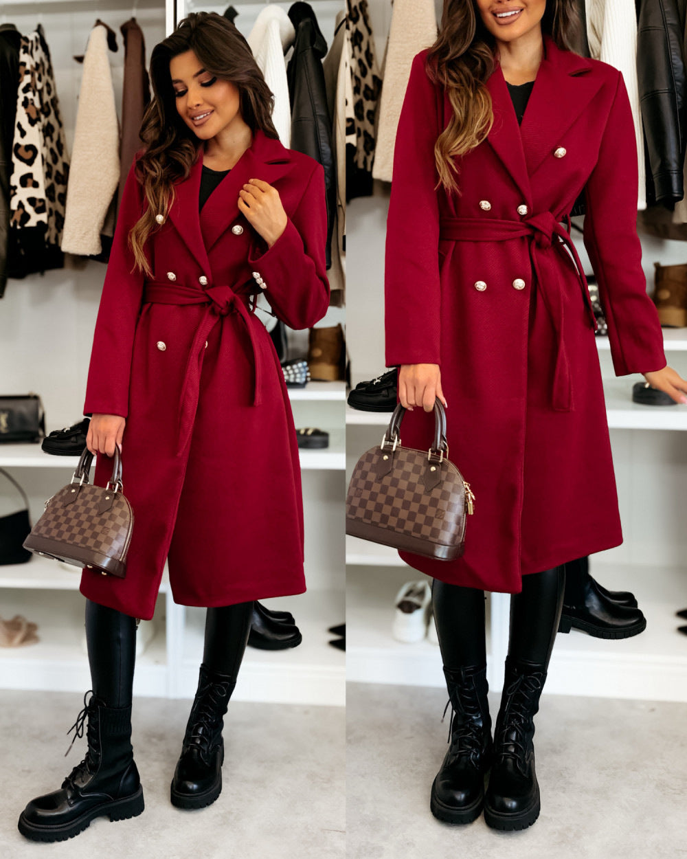 Damen eleganter Knielanger Trenchcoat mit Gürtel und doppelter Knopfleiste Drune