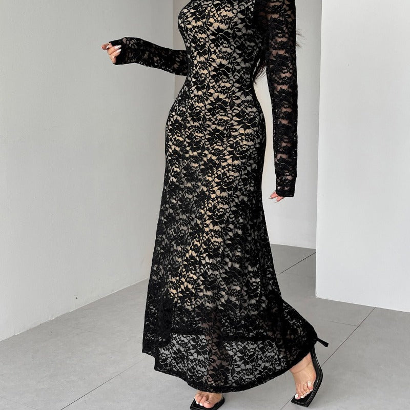 Damen Spitzenlangarmkleid mit schulterfreiem Design und eleganter Transparenz Drune