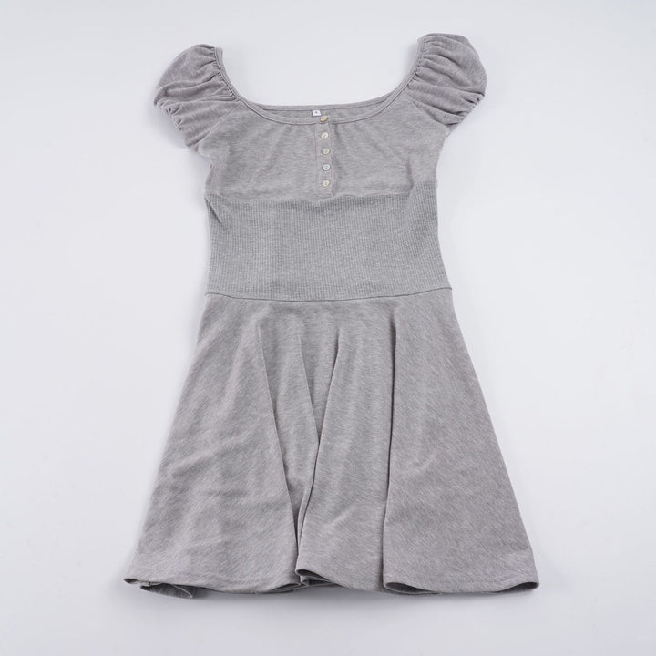 Damen elegantes Kleid mit Puffärmeln und Knopfleiste Drune