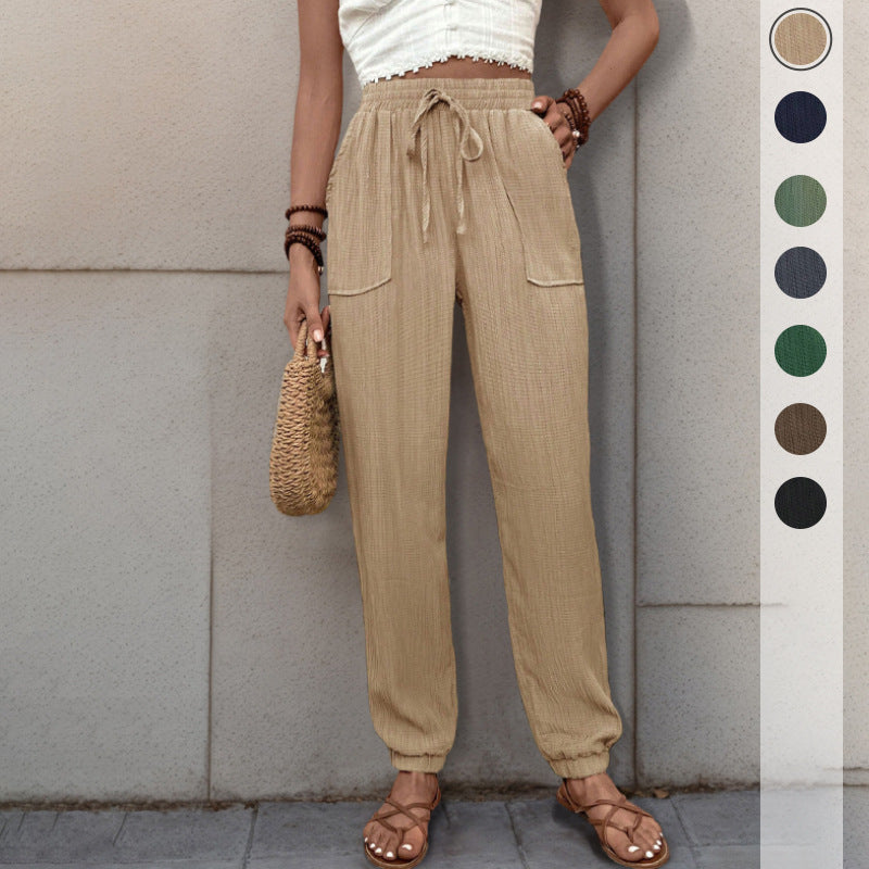 Damen elastische Freizeit-Hose mit seitlichen Taschen und Kordelzug Drune