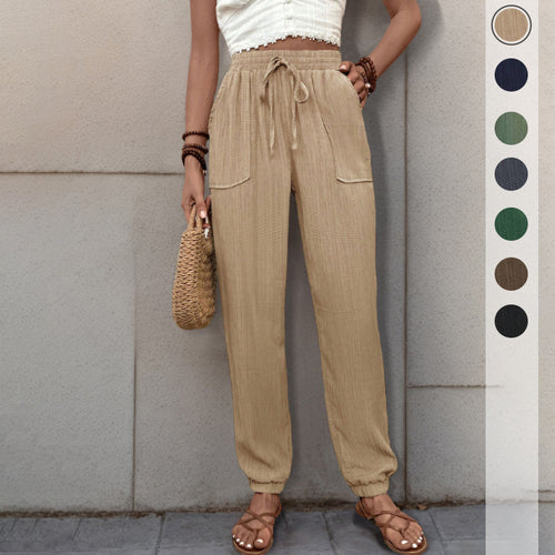 Damen elastische Freizeit-Hose mit seitlichen Taschen und Kordelzug Drune