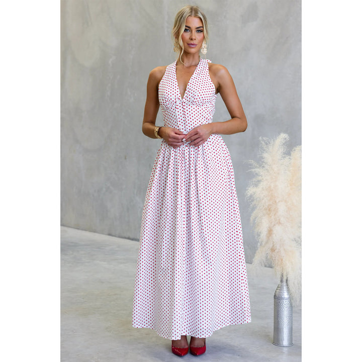 Damen Maxikleid mit tiefem V-Ausschnitt und verspieltem Polka-Dot-Muster Drune