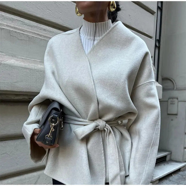 Damen trendige Wickeljacke aus weichem Stoff mit Gürtel und langen Ärmeln Drune
