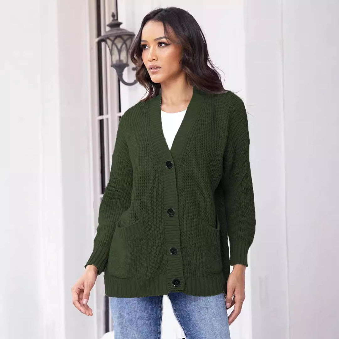 Damen Grobstrickjacke mit großen Taschen und modernem Knopfdesign Drune