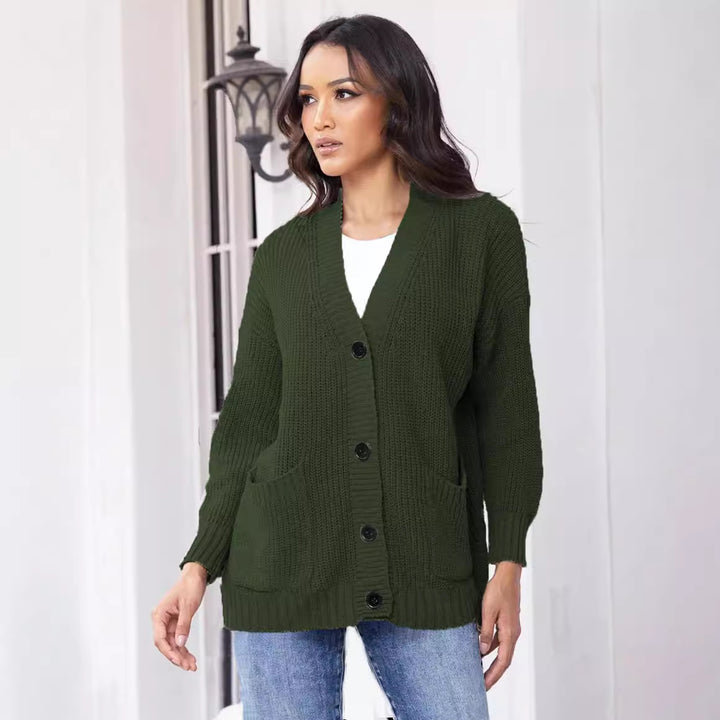 Damen Grobstrickjacke mit großen Taschen und modernem Knopfdesign Drune
