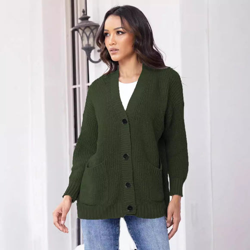 Damen Grobstrickjacke mit großen Taschen und modernem Knopfdesign Drune