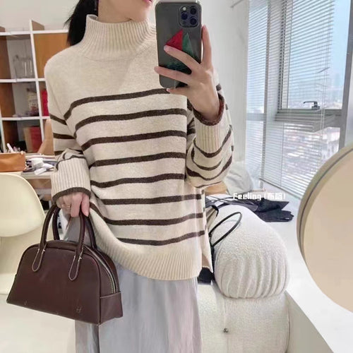 Damen Lässiger Strickpullover mit geringelten Design Drune