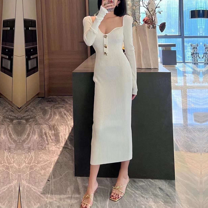 Damen Elegantes Strickkleid mit leichtem V-Ausschnitt und Goldknöpfen Drune