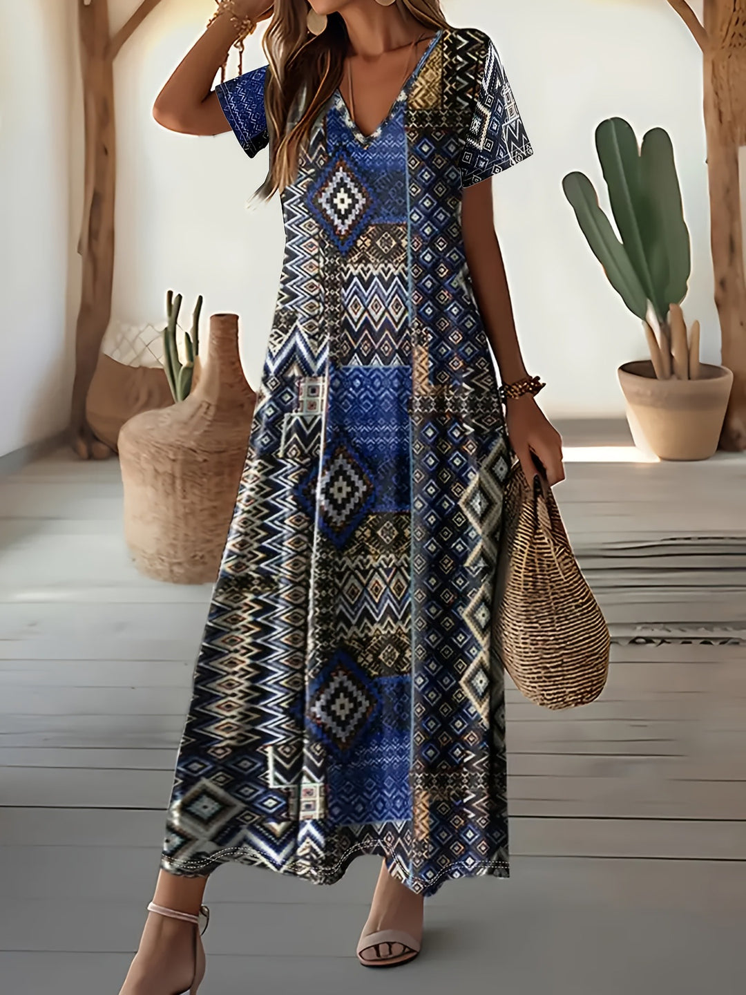 Damen Maxikleid mit geometrischem Muster und V-Ausschnitt Drune