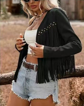 Damen Fransenjacke mit dekorativen Nieten und stylischem Schnitt Drune