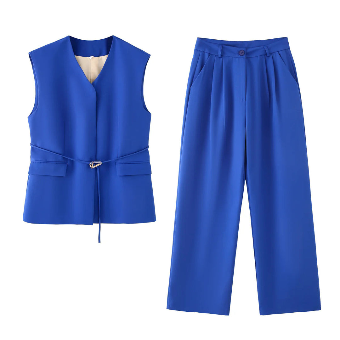 Damen elegantes Blazer- und Hosen-Ensemble mit modernem Gürtel Drune