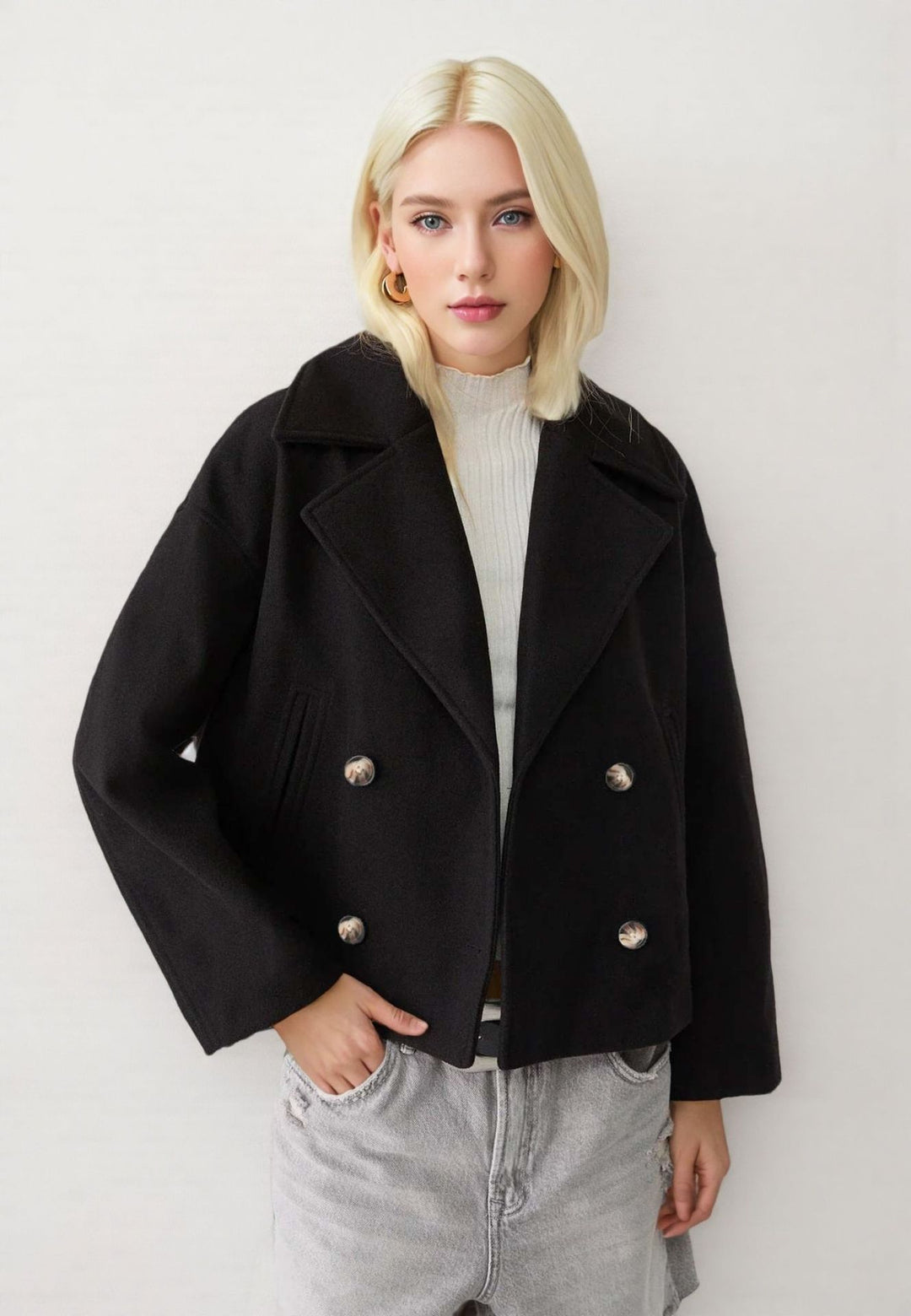 Damen nan kurzes doppeltreihiges Wollmix-Manteljacke im Boxy-Cut mit weitem Reverskragen Drune