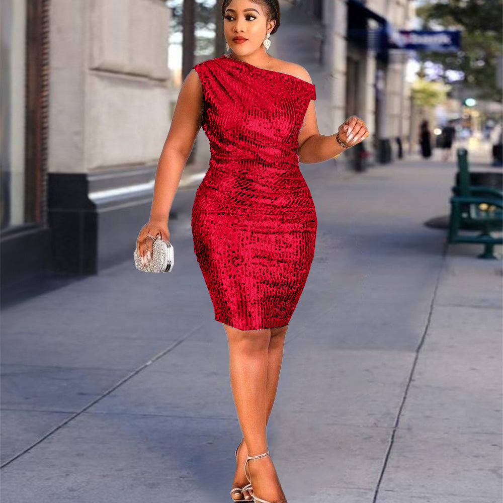 Damen figurbetontes Cocktailkleid mit asymmetrischem Schnitt und glitzerndem Stoff Drune