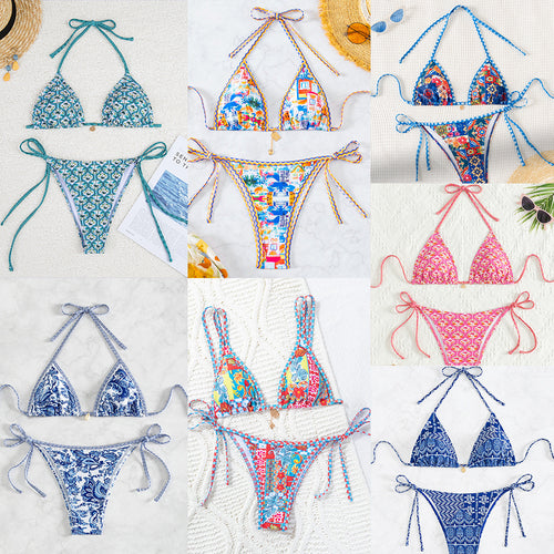 Damen Triangel-Bikini mit verspieltem Palmenmuster Drune