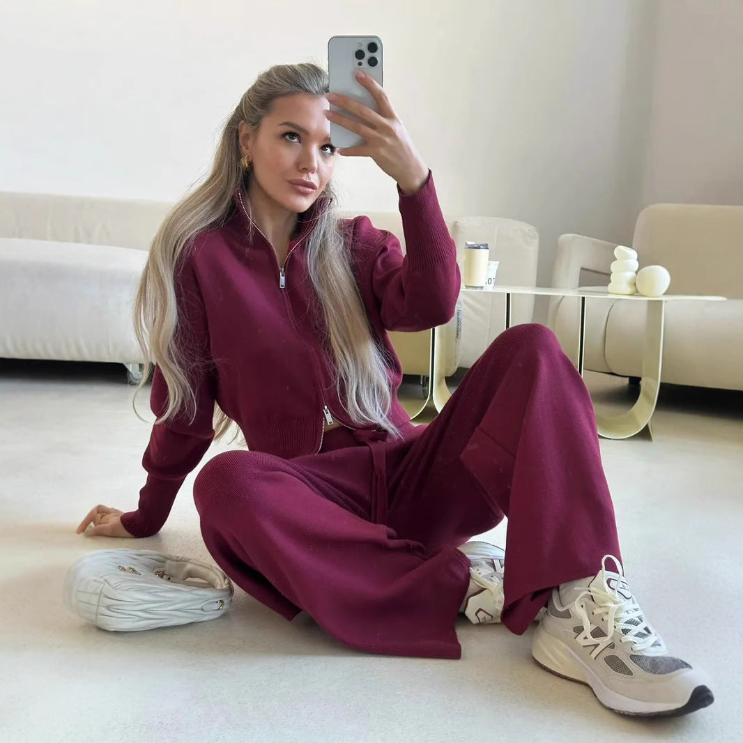 Damen lockerer Strick-Loungewear-Anzug mit hohem Kragen Drune