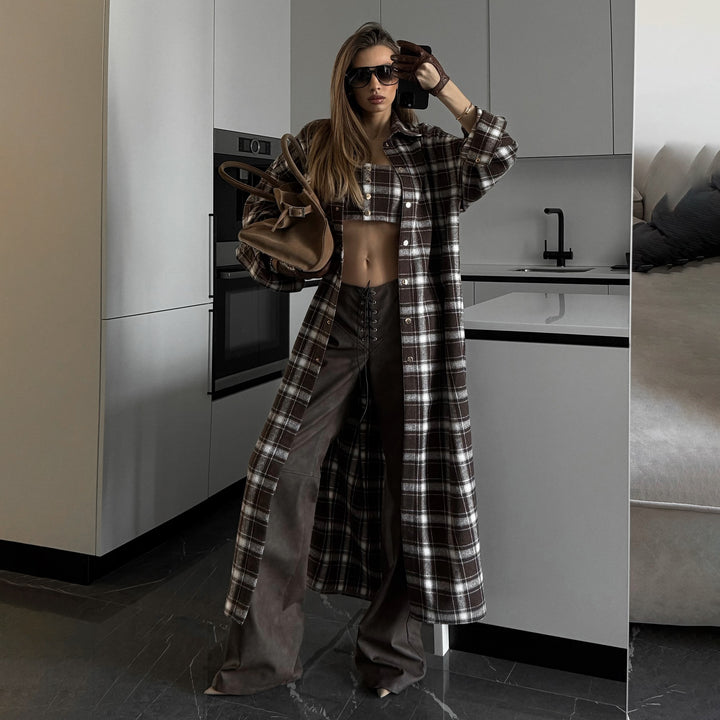 Damen Langes Karo-Hemdkleid mit abnehmbaren Ärmeln Drune