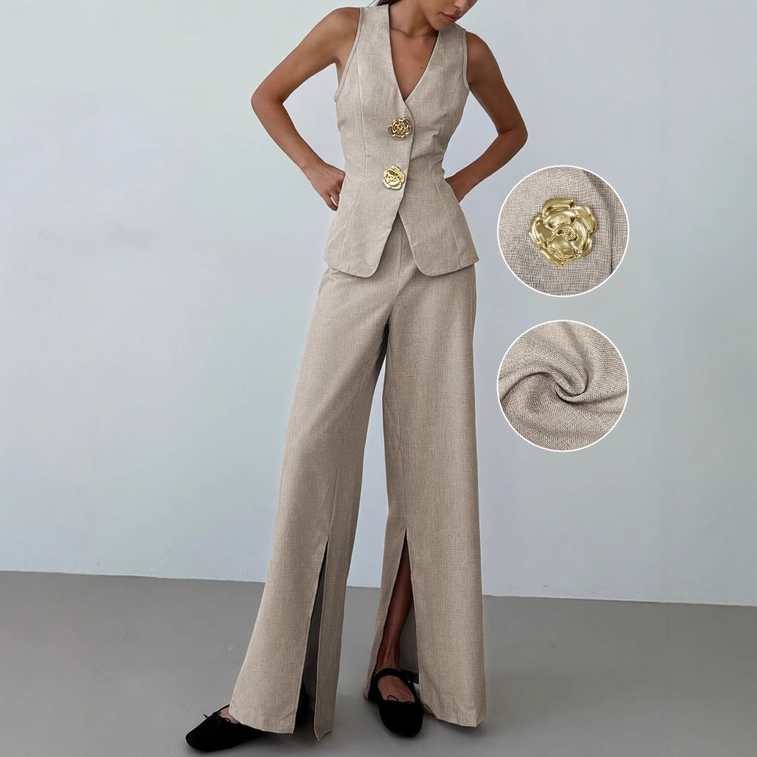 Damen elegantes Ensemble aus ärmellosem Blazer und weiten Hosen Drune