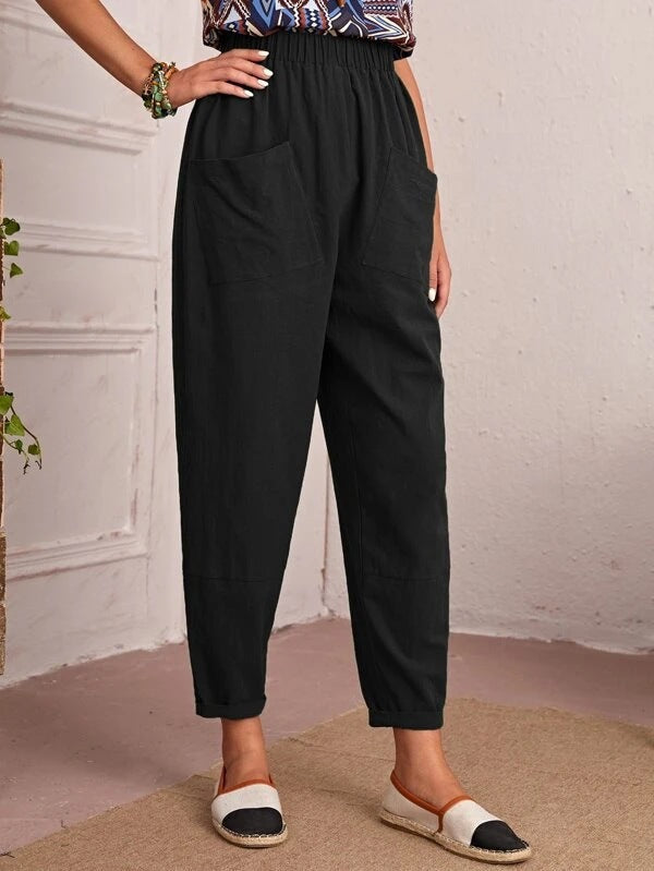 Damen bequeme Freizeithose mit elastischem Bund und großen Taschen Drune