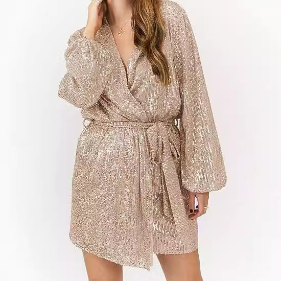 Damen Glitzerndes Minikleid mit tiefem Ausschnitt und weitem Ärmel Drune