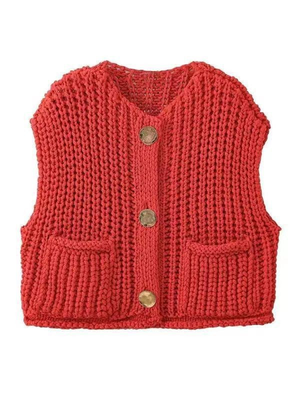 Damen Strickweste mit Knöpfen und Taschen Drune