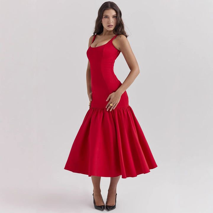 Damen Maxikleid mit schickem Taillenbetonung und voluminösem Rock Drune