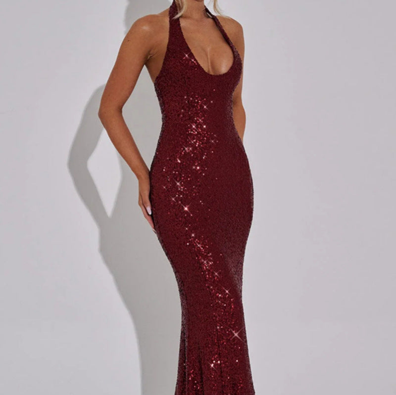 Damen Glamouröses Pailletten-Maxi-Kleid mit tiefem V-Ausschnitt und schmalem Schnitt Drune
