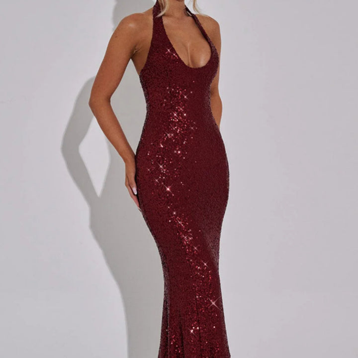 Damen Glamouröses Pailletten-Maxi-Kleid mit tiefem V-Ausschnitt und schmalem Schnitt Drune