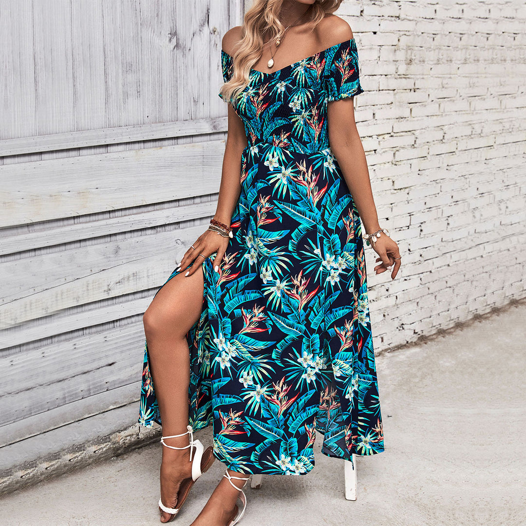 Damen Luftiges Maxikleid mit schulterfreien Design und floralem Druck Drune