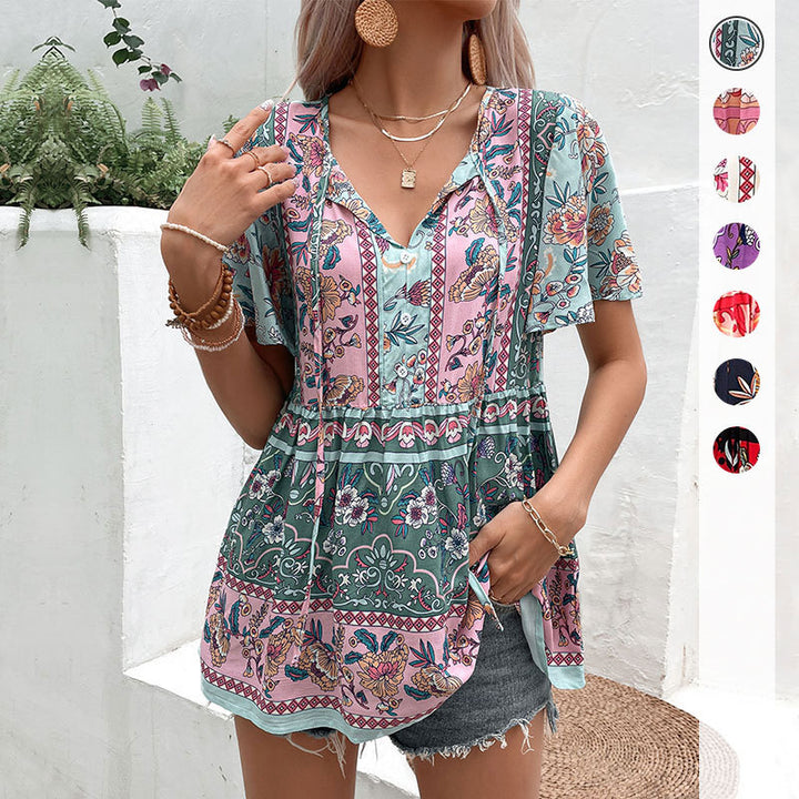 Damen Boho-Tunika mit floralem Muster und luftigen Ärmeln Drune