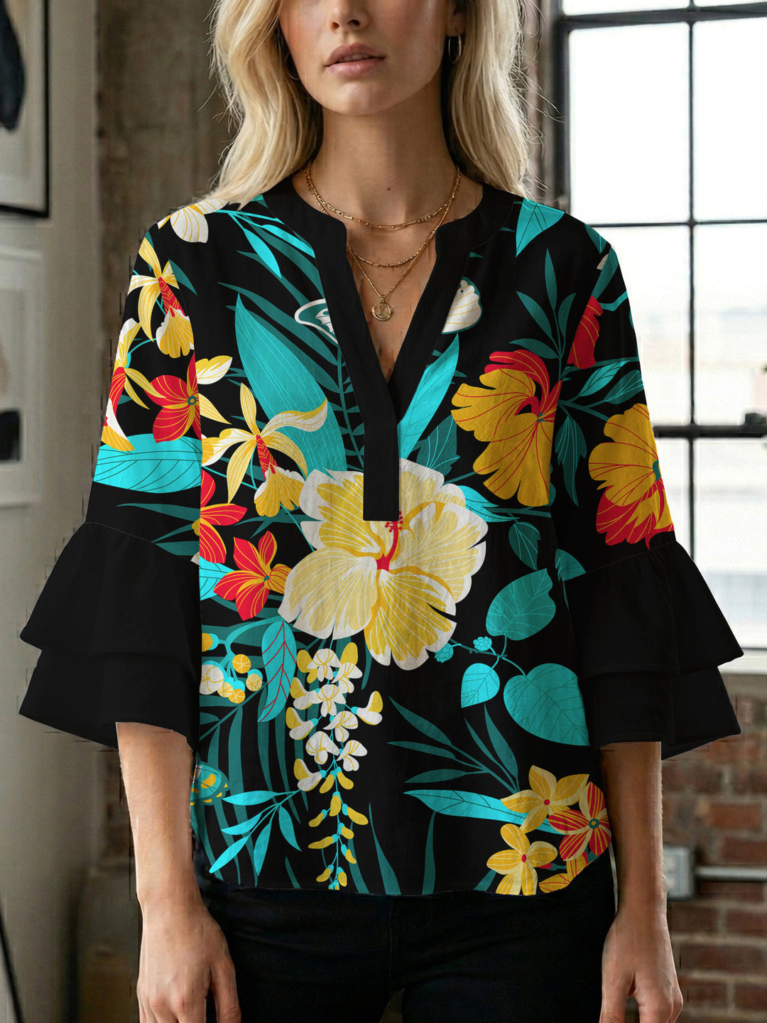 Damen Blusenshirt mit voluminösen Ärmeln und floralem Muster Drune