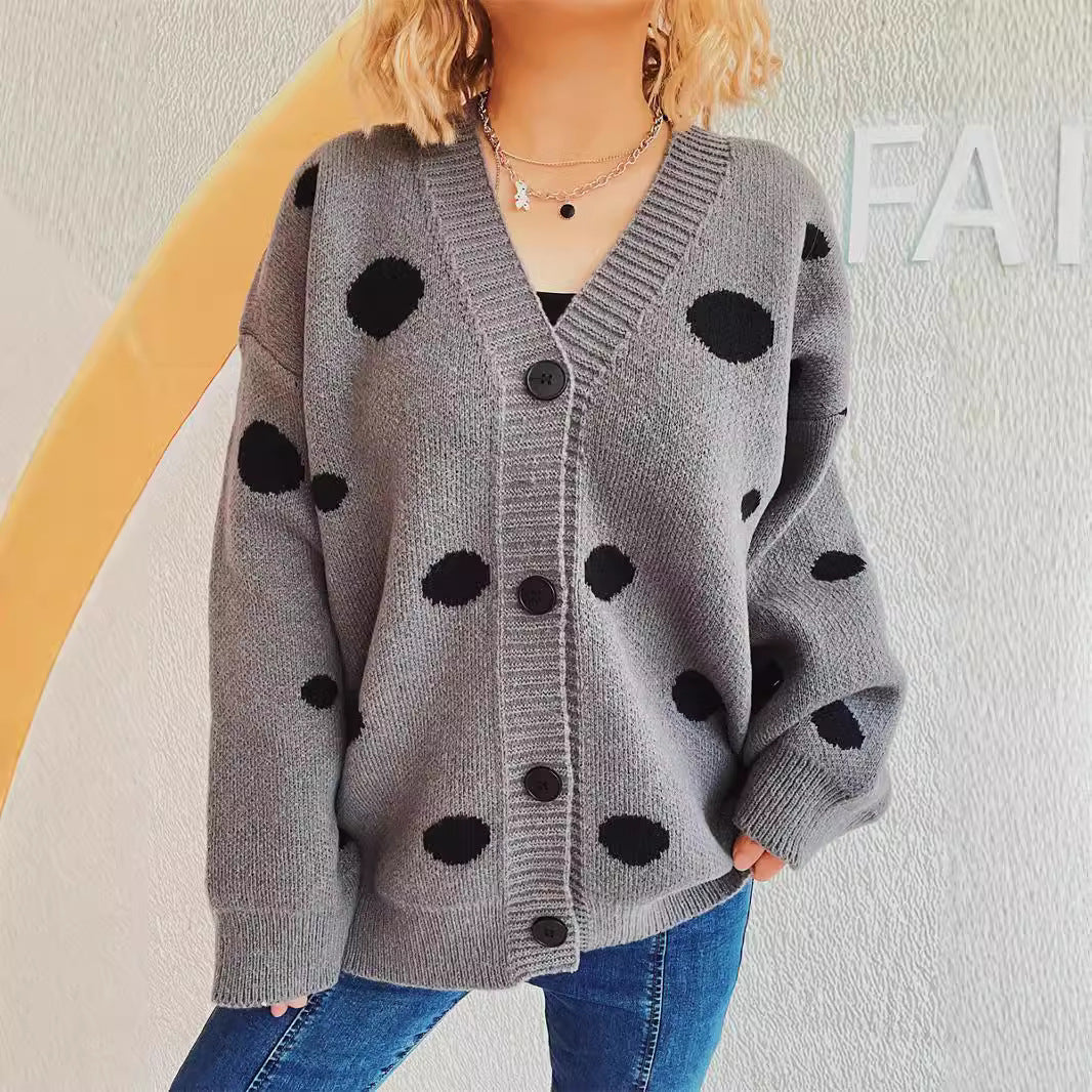 Damen lässige Strickjacke mit modernen Punkten und voluminösen Ärmeln Drune
