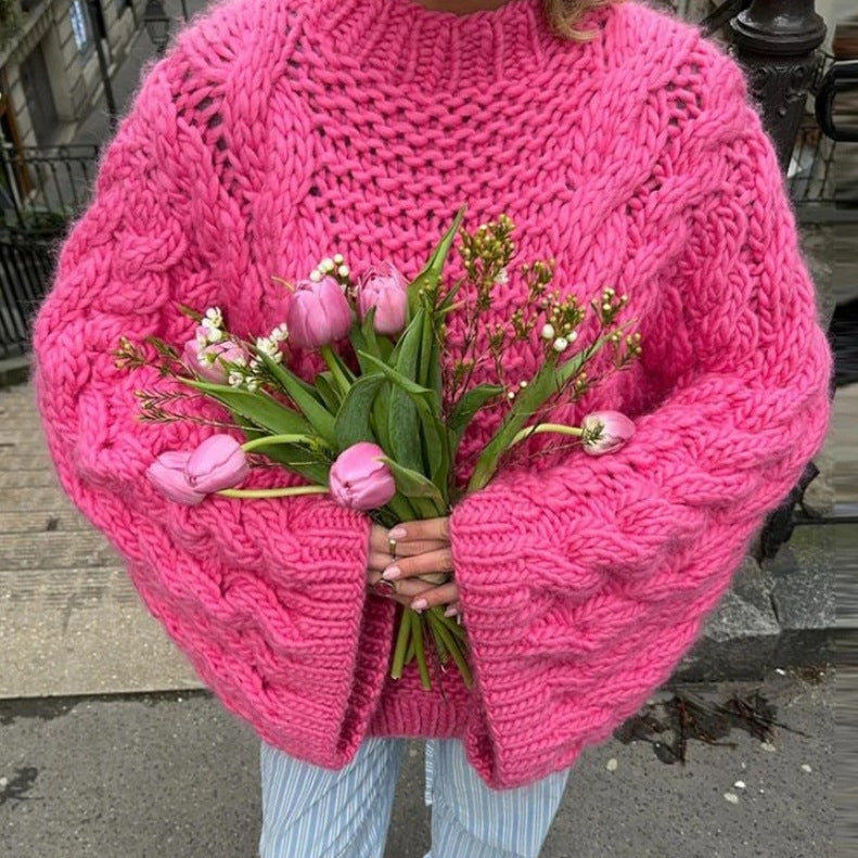 Damen oversize Strickpullover mit Zopfstrickmuster Drune