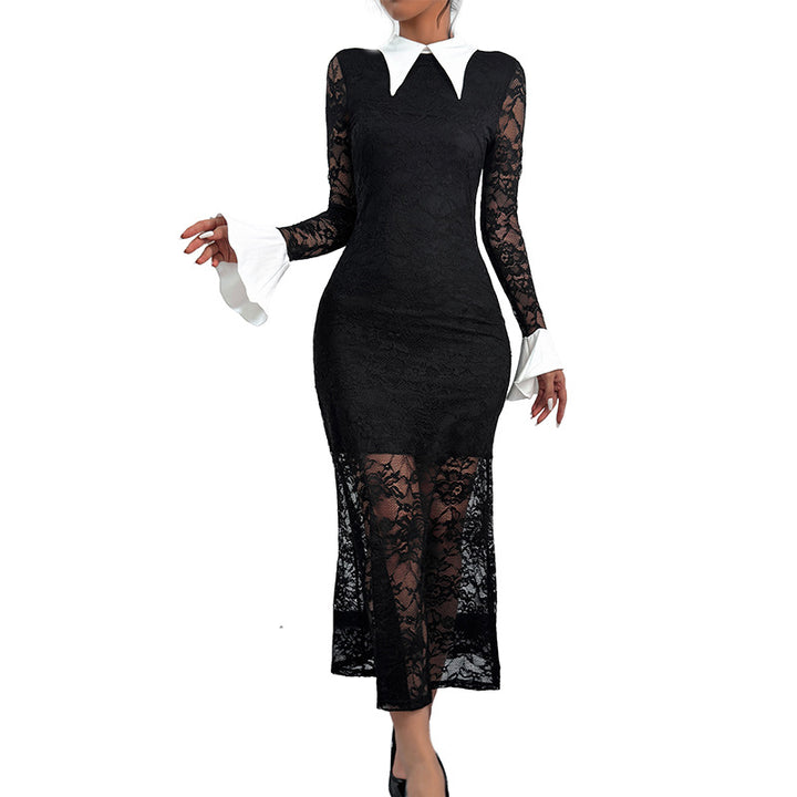 Damen Spitzenkleid mit dekorativem Kragen und transparenten Ärmeln Drune