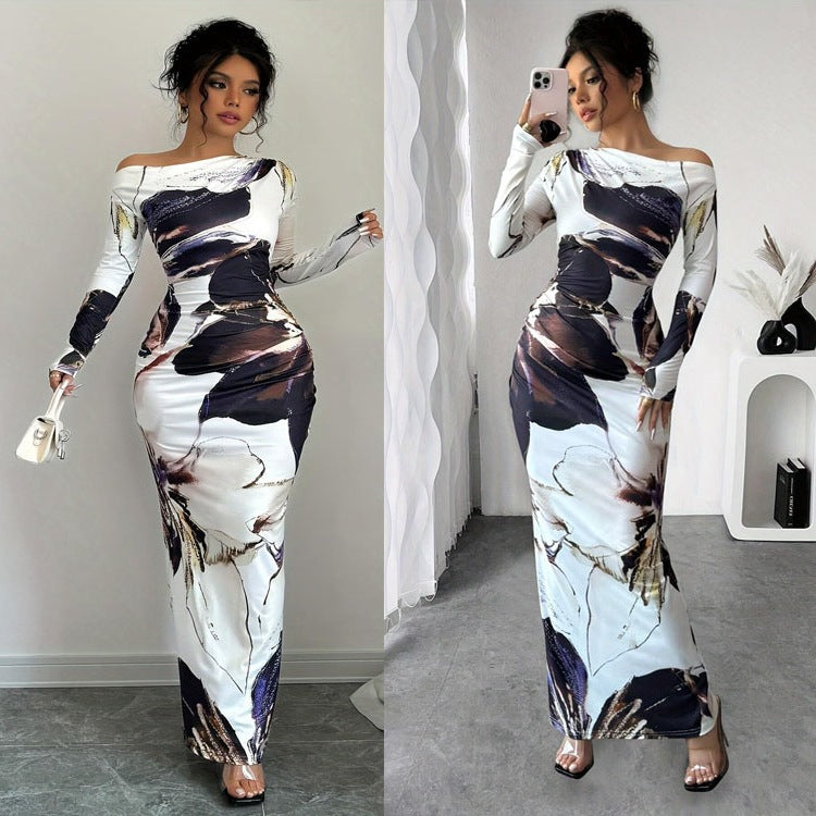 Damen Elegantes Maxikleid mit originellem Kunstdruck und schulterfreiem Design Drune