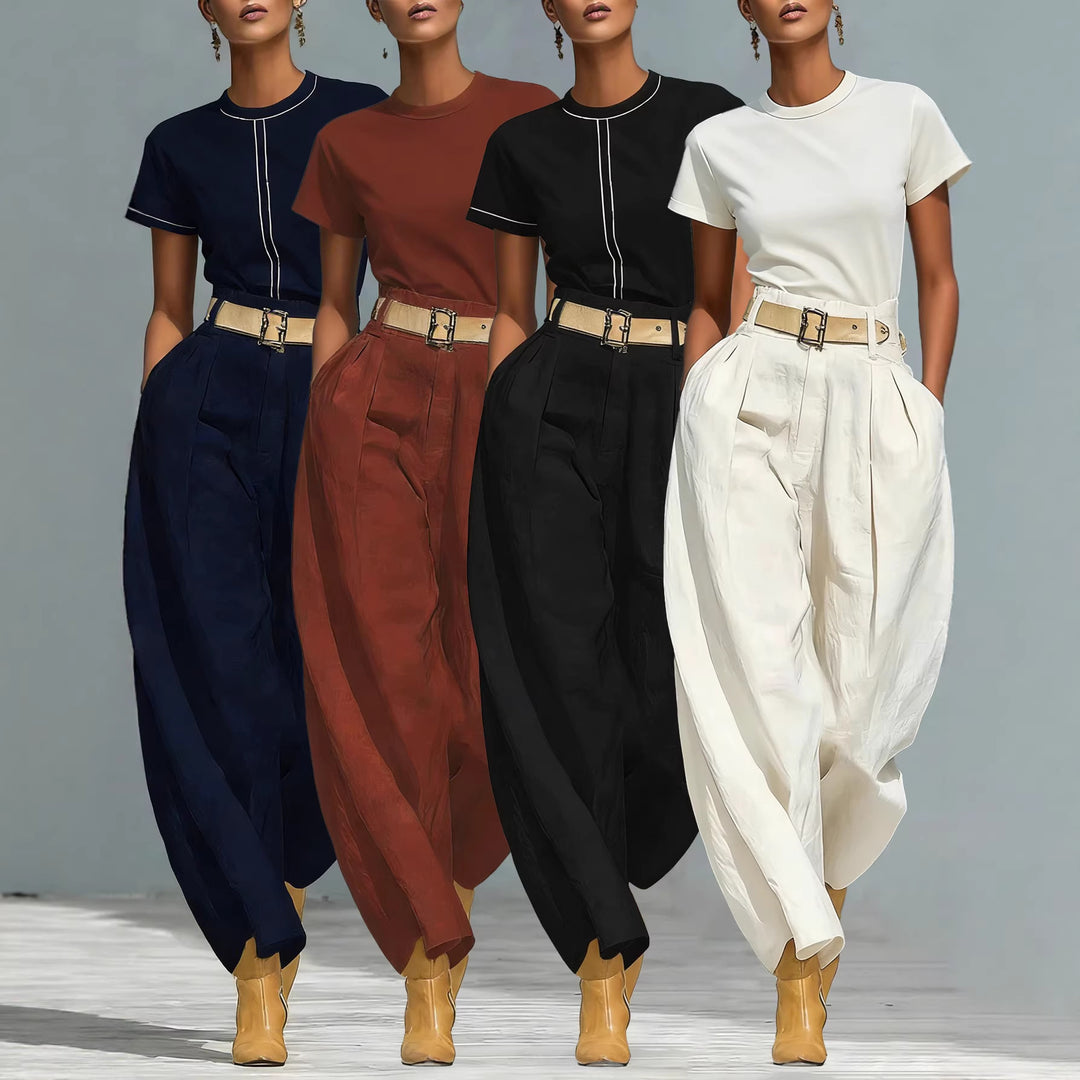 Damen Elegante Bundfaltenhose mit lockerer Passform und verstellbarem Gürtel Drune
