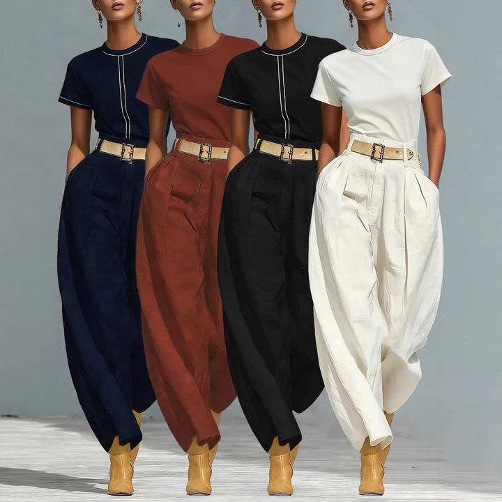 Damen Elegante Bundfaltenhose mit lockerer Passform und verstellbarem Gürtel Drune