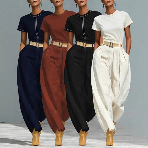 Damen Elegante Bundfaltenhose mit lockerer Passform und verstellbarem Gürtel Drune