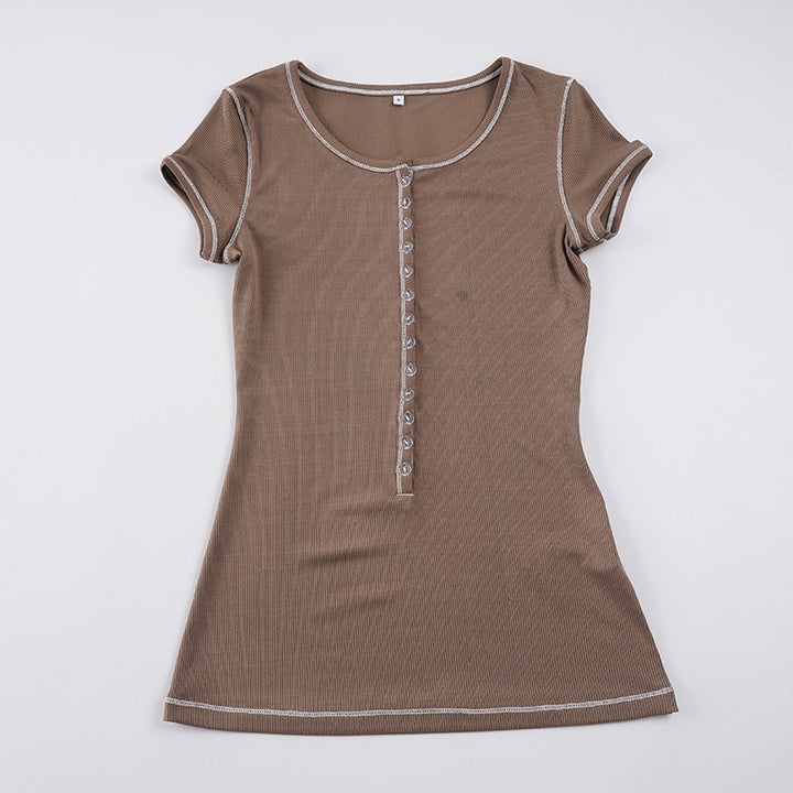 Damen figurbetontes Kurzarmshirt mit Knopfleiste und eleganter Rippstruktur Drune