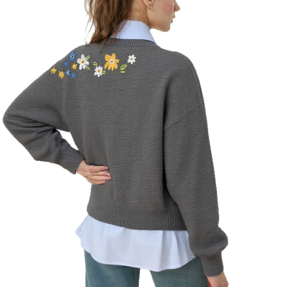 Damen Grobstrickpullover mit floralem Rückendetail und lockerem Schnitt Drune