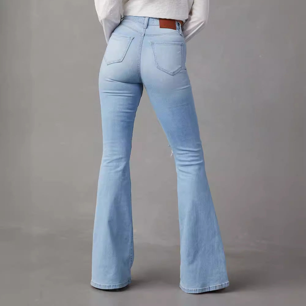 Damen Flared Jeans mit modischen Destroyed-Details und hohem Bund Drune