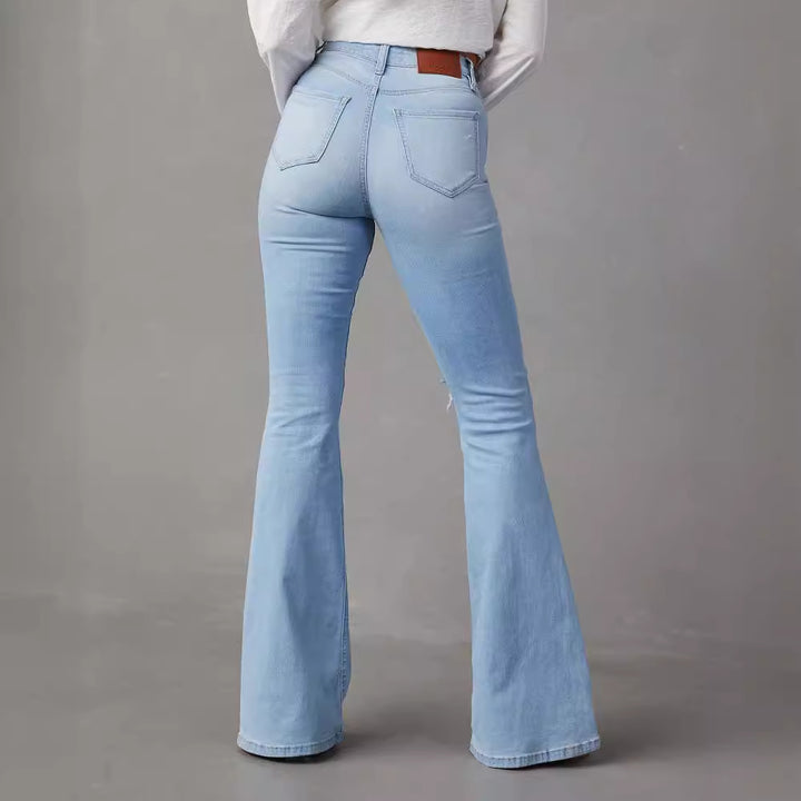 Damen Flared Jeans mit modischen Destroyed-Details und hohem Bund Drune