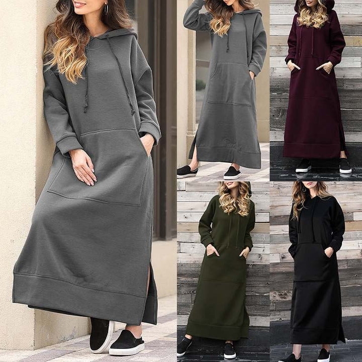 Damen nan langes Kapuzen-Sweatkleid mit Kängurutasche, Seitenschlitzen und lockerer Oversize-Passform Drune