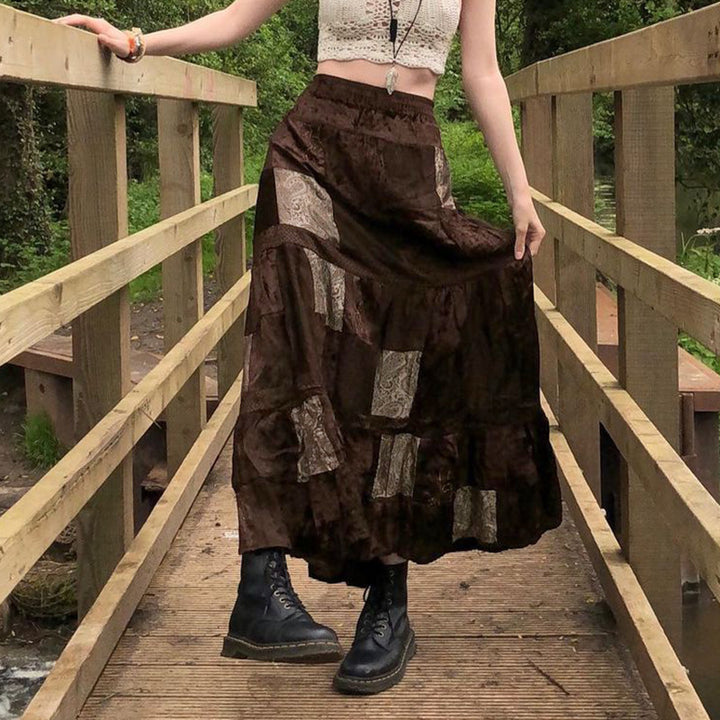 Damen Maxirock mit floralen Patchwork-Mustern und voluminösem Saum Drune