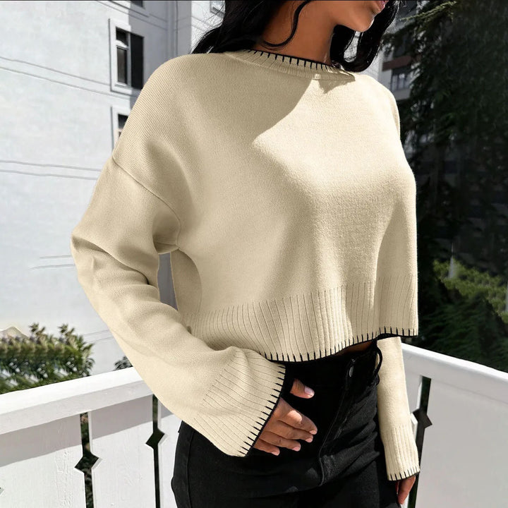 Damen lässiger Cropped Pullover mit feiner Rippstruktur und elastischem Bund Drune