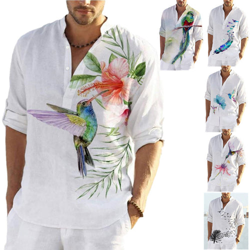 Herren Leinenhemd mit einzigartigem Federdesign und modischem Henley-Ausschnitt Drune