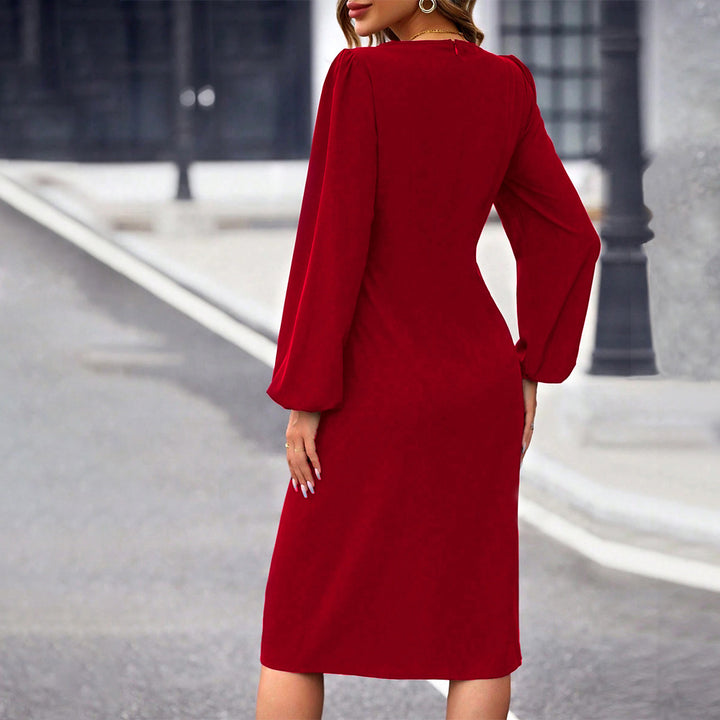 Damen figurbetontes Midi-Kleid mit schickem Quadrat-Ausschnitt und eleganten Puffärmeln Drune