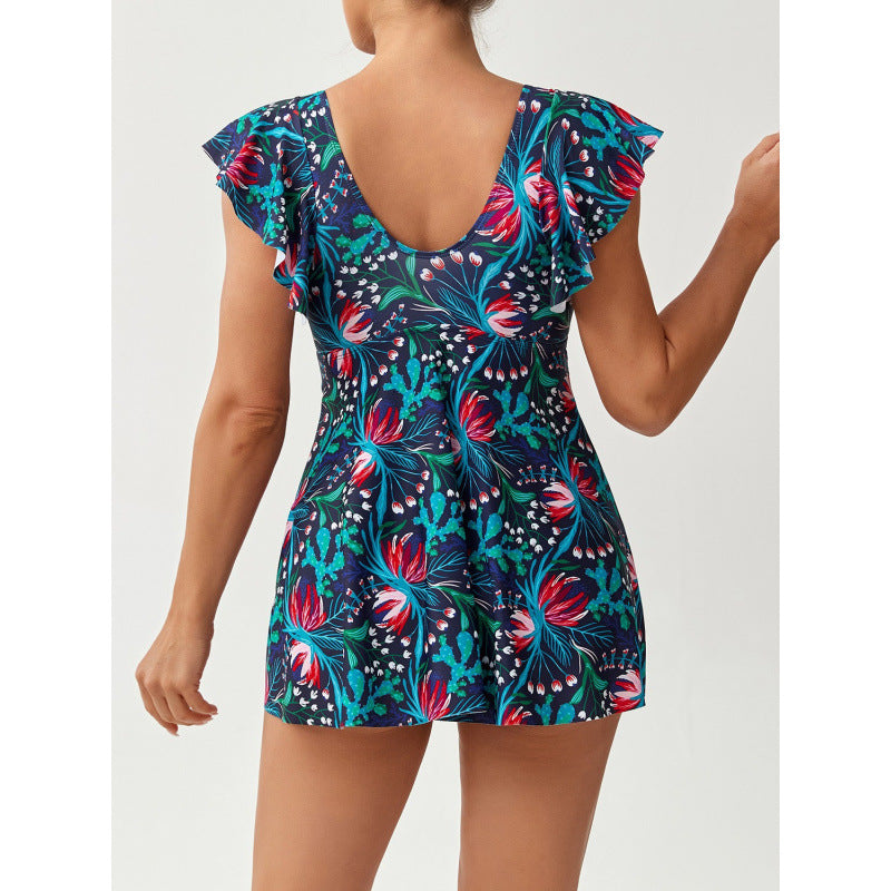 Damen Einteiler Badeanzug mit femininer Raffung und floralem Design Drune
