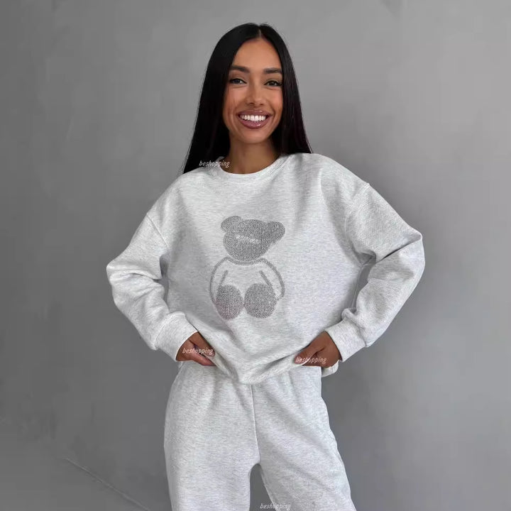 Damen lässiges Sportanzug-Set mit teddyförmigem Motiv Drune