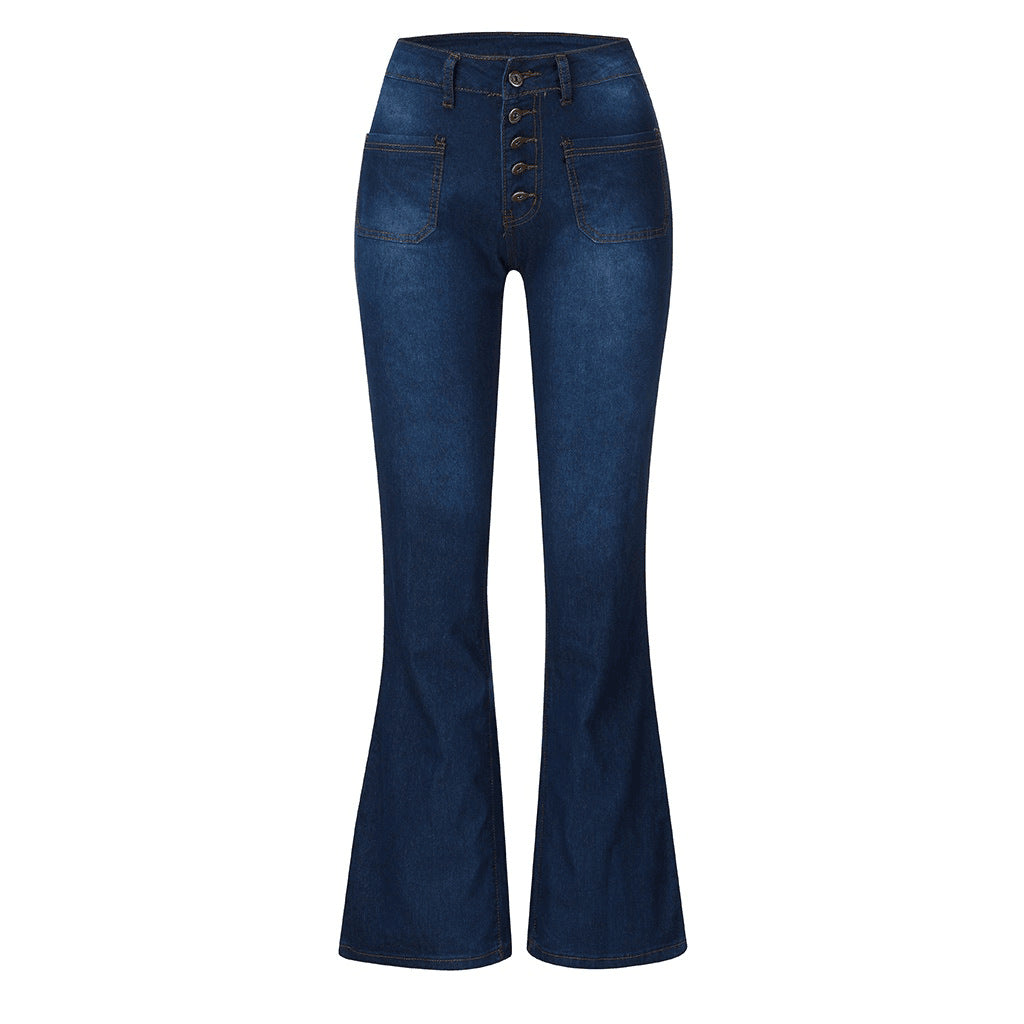 Damen nan High-Waist Schlaghose mit sichtbarer Knopfleiste und aufgesetzten Fronttaschen Drune